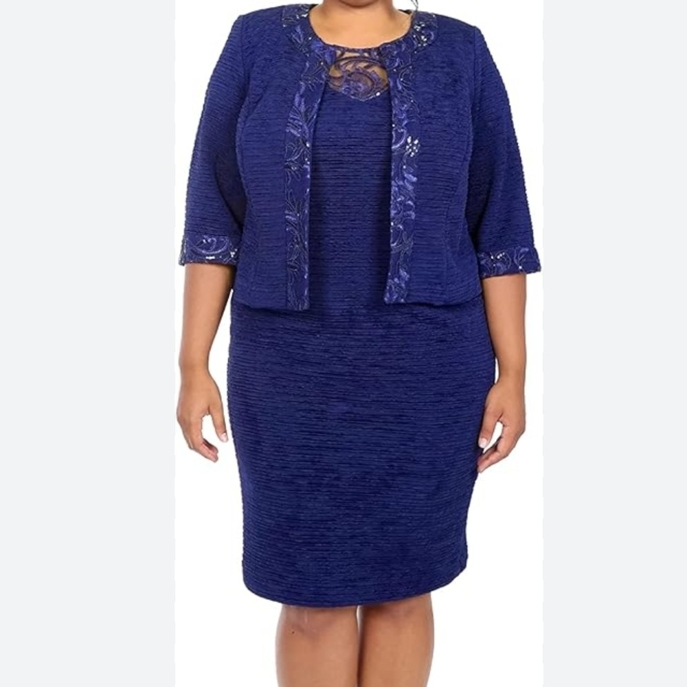 Elegant royal blue two-piece dress with 3/4 sleeve vest – Size 16